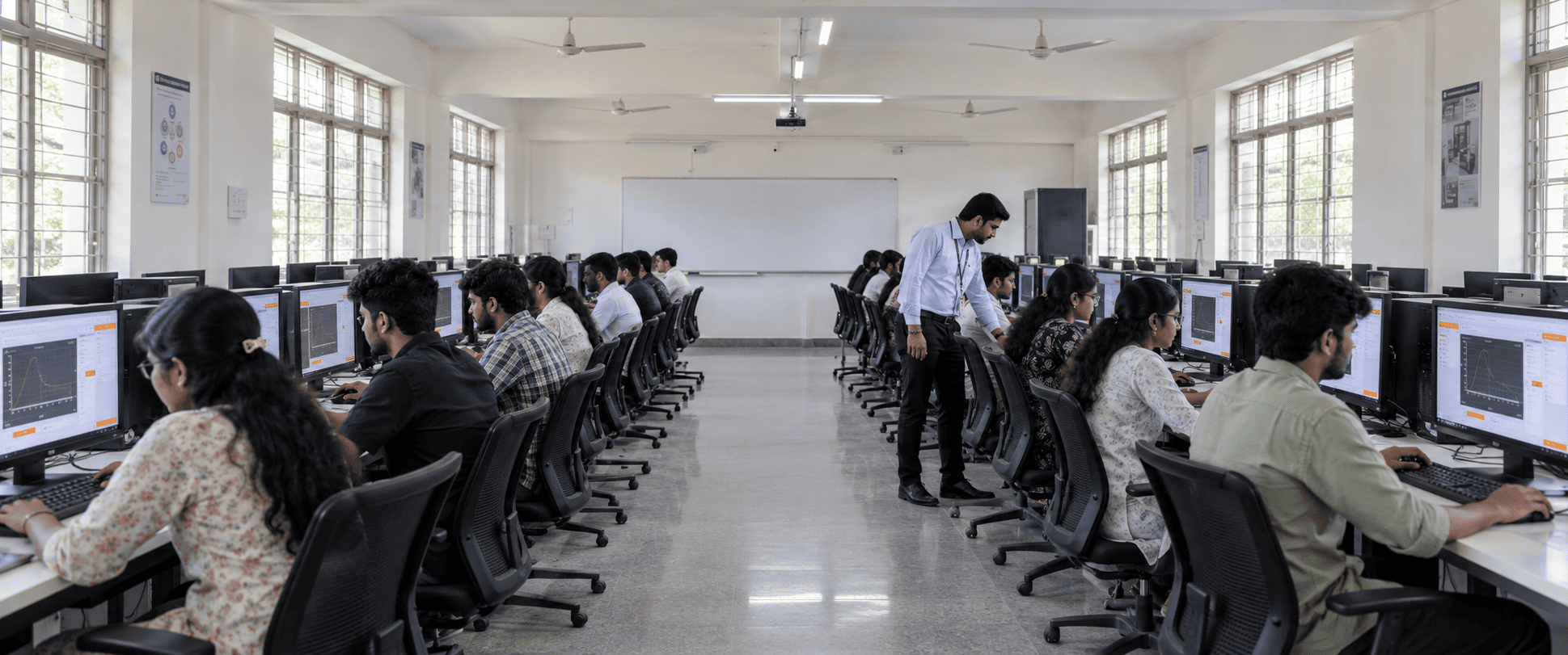 A college computer lab with Prayog open on every screen