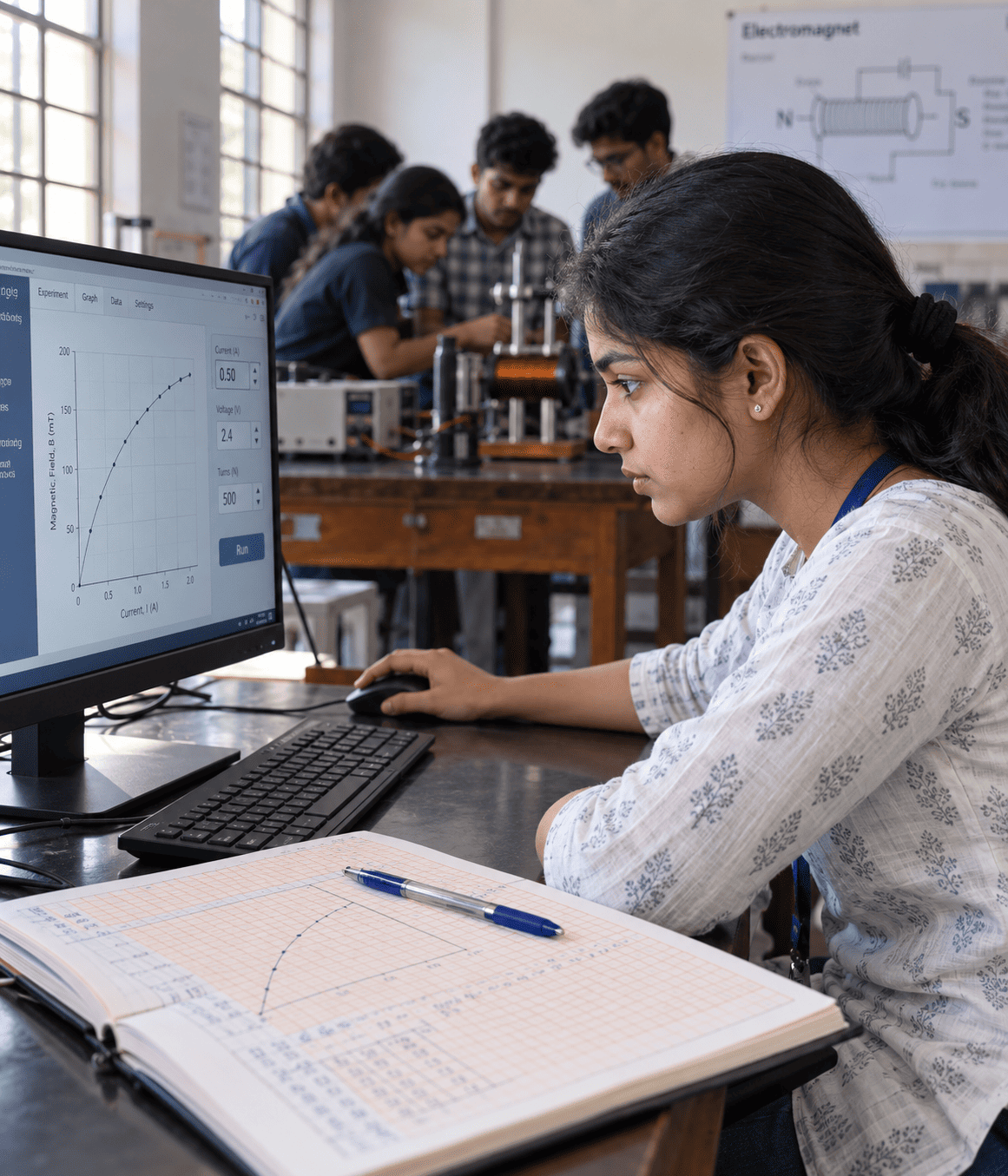 Students at a row of lab computers, each running an experiment in Prayog