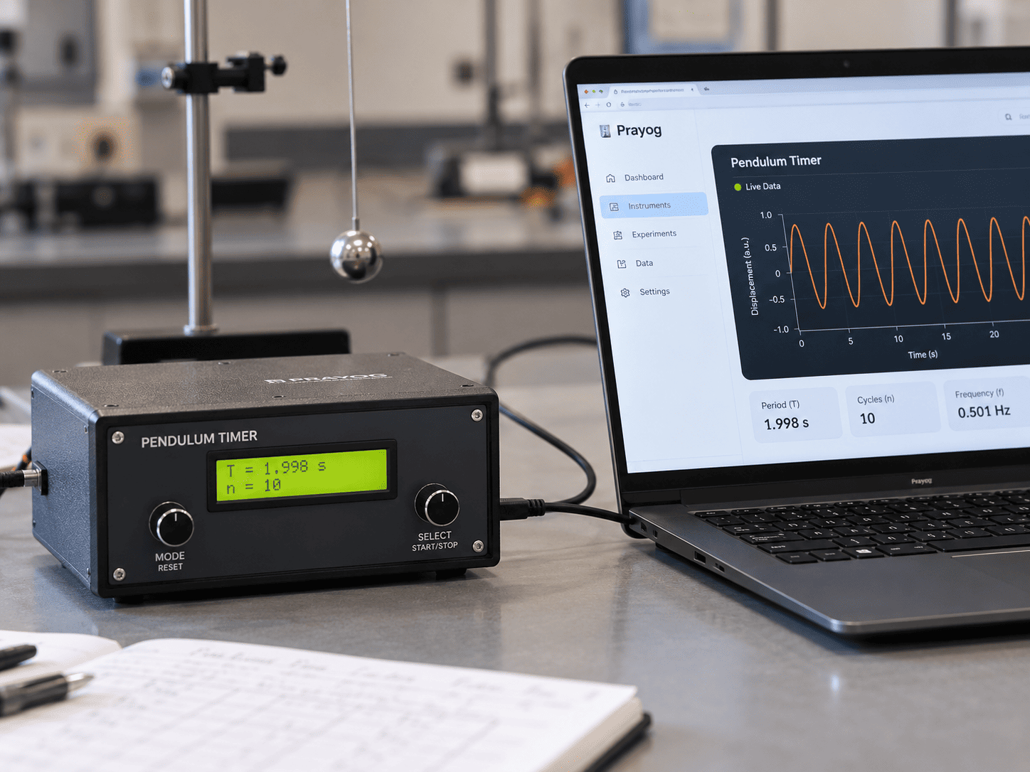A trainer box connected by USB to a lab computer showing live readings in Prayog